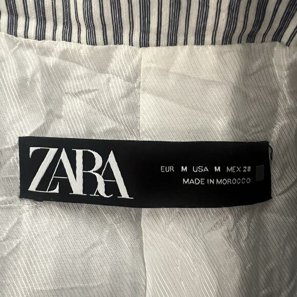 Zara Women’s Striped Linen Blend Boyfriend Blazer Size Medium Two Button Blue - Picture 14 of 15